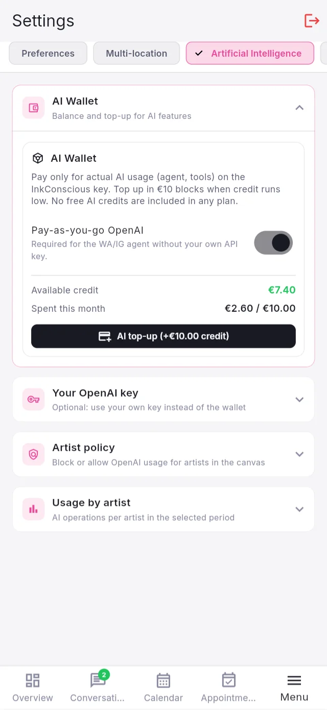 AI wallet in Inkconscious Studio settings